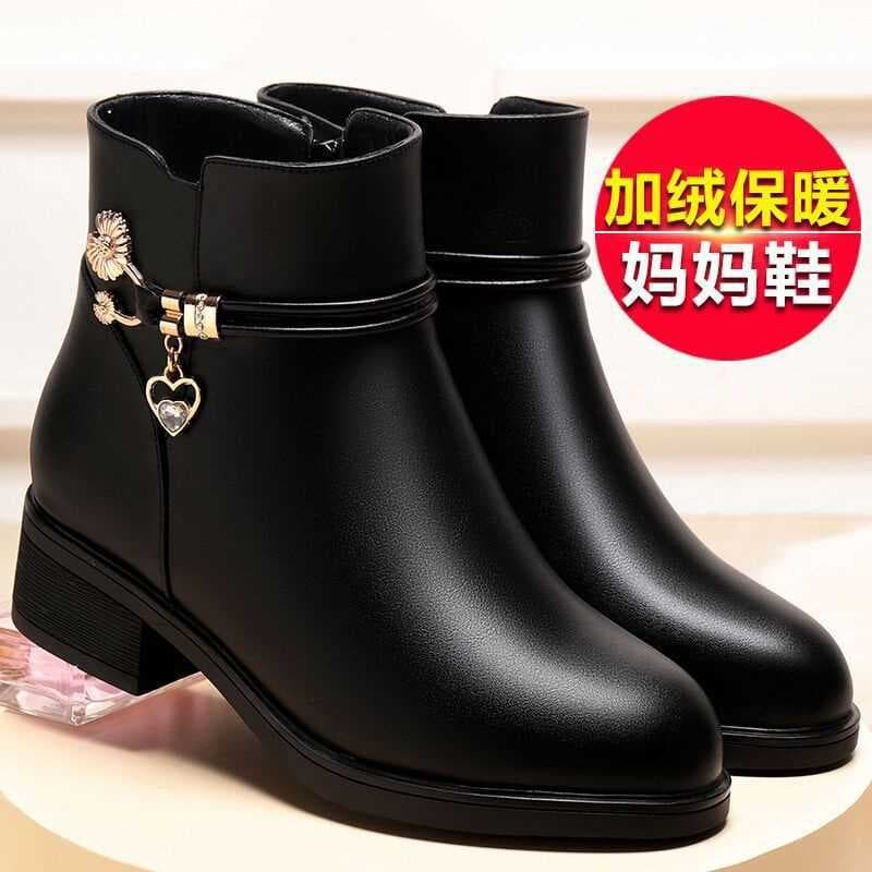 Genuine Leather Cotton Boots Winter Fleece Lined Thick Cotton Shoes Comfortable Soft Sole Chunky Heel Middle-Aged Women's Mom Shoes Ladies Leather Boots Ankle Boots