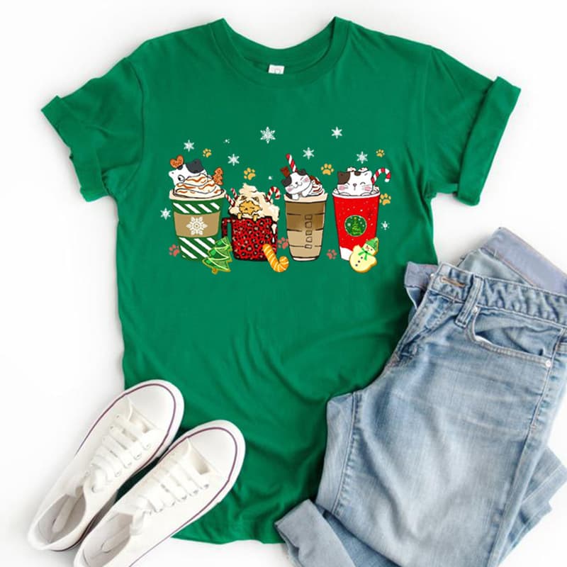 Christmas Coffee Shirt Christmas Cat Women Clothes Red Green Cotton