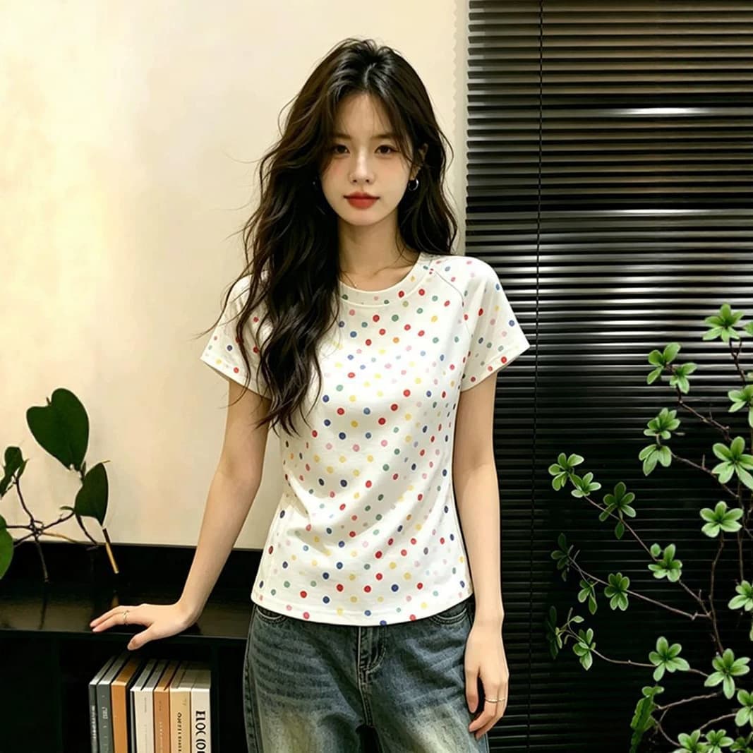 Korean-Style Polka Dot Short-Sleeve T-Shirt for Women, Summer 2026, Slim Fit, Round Neck, Versatile Short Top, Wholesale