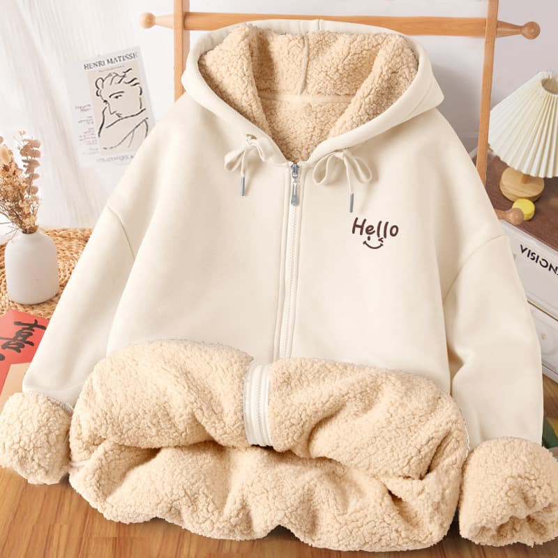 Zippered Hooded Lambswool Coat, Autumn/Winter 2024 New Style, Fleece-lined Thick Cardigan Sweatshirt, Winter Top 12