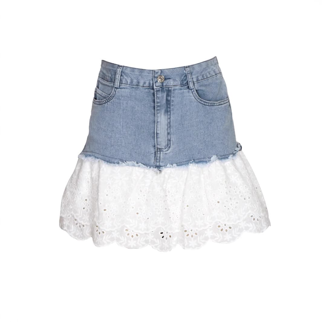 Amazon Women's Sexy Skirt, European and American Fashion Exports, Hot Girl Style Lace and Denim Patchwork Mini Short Skirt