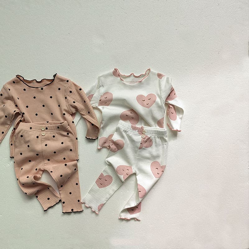 Korean Style Spring/Fall Baby Girl Stretch Cotton Homewear Set, Toddler Heart Dot Trim Two-Piece Outfit