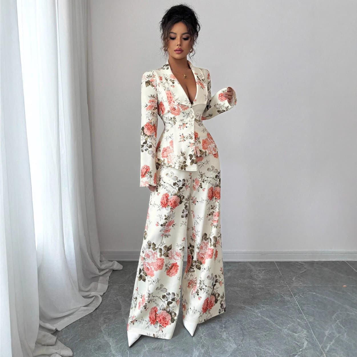 2026 cross-border foreign trade new style women's suit jacket long-sleeved V-neck cardigan rose print top trousers suit