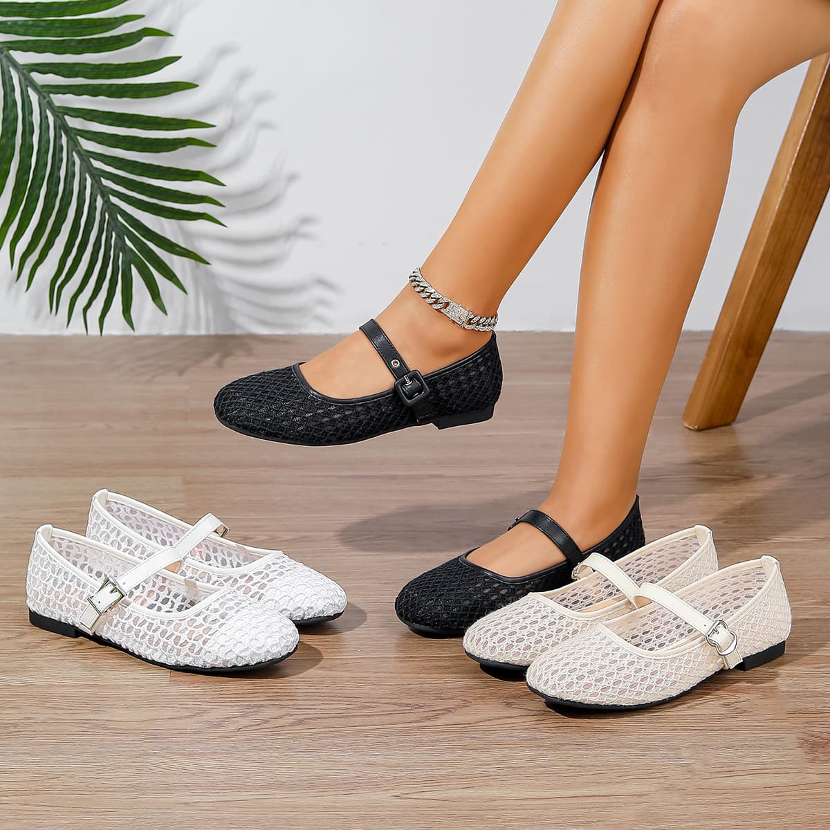 Women's Flat Single Shoes with Buckle, Mesh Fabric, Versatile and Breathable, 2026 Spring New Korean Style Shallow Mouth Women's Shoes