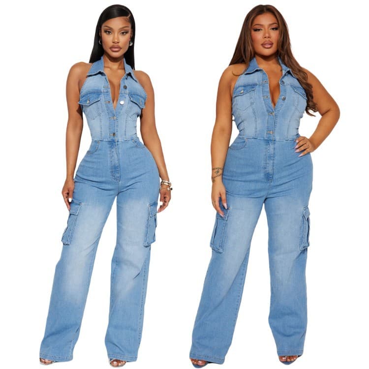 High-Waisted Slim Fit Stretch Washed Denim Jumpsuit Straight Leg Casual Overalls for Women