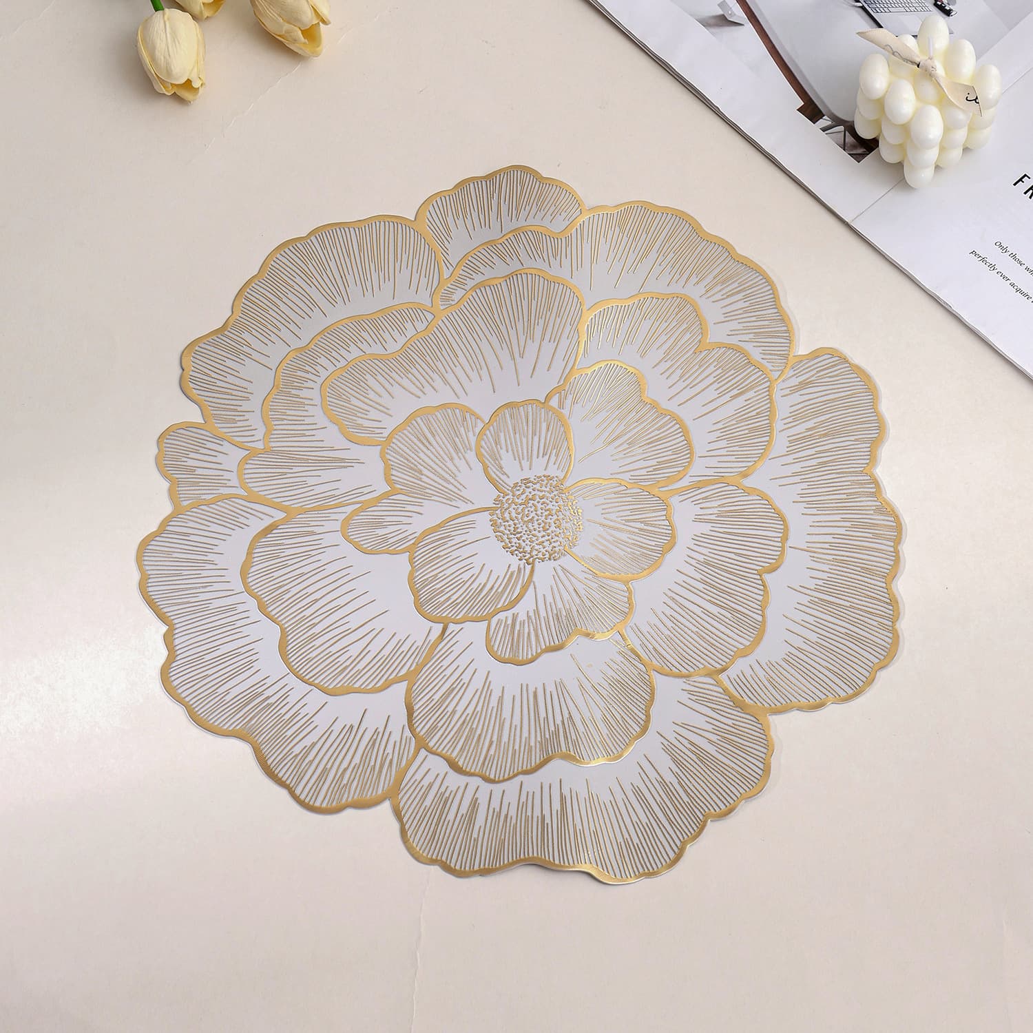 Peony Flower Nordic Style Creative Decorative Placemat Western Dining Mat PVC Table Mat Heat Insulation Anti-Slip Anti-Scald Cup Mat for Restaurant