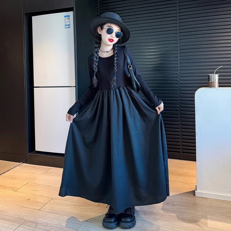 Princess Style Long Sleeve Autumn Dress for Girls Children's French Hepburn Style Skirt A-Line Skirt Soft Polyester Fabric