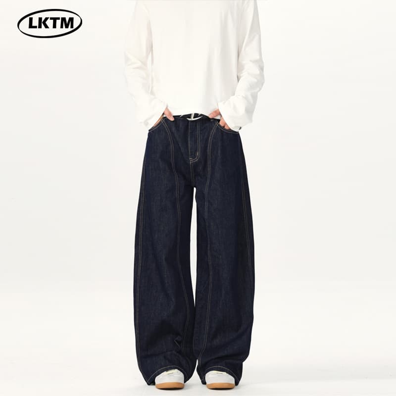 Loose Wide Leg Jeans LKTM Men's Casual Straight Cut Trousers Unisex Long Pants American Simple Original Cow Color Knife Edge