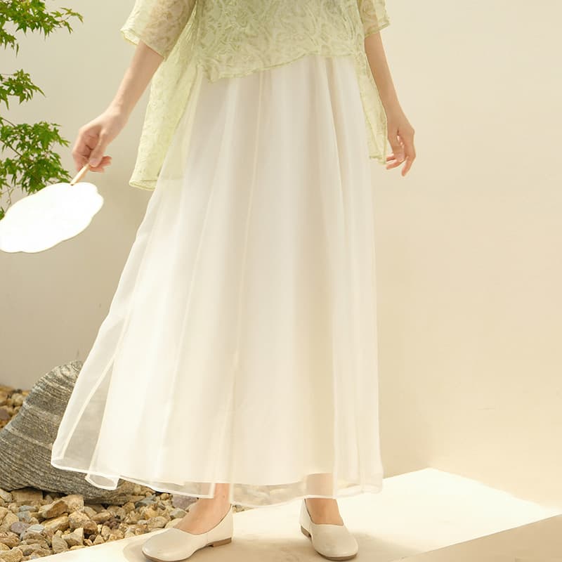 Qingshuzhai 2023 Spring New Chinese Style Retro Elegant Chiffon Skirt Versatile White Midi Skirt for Women