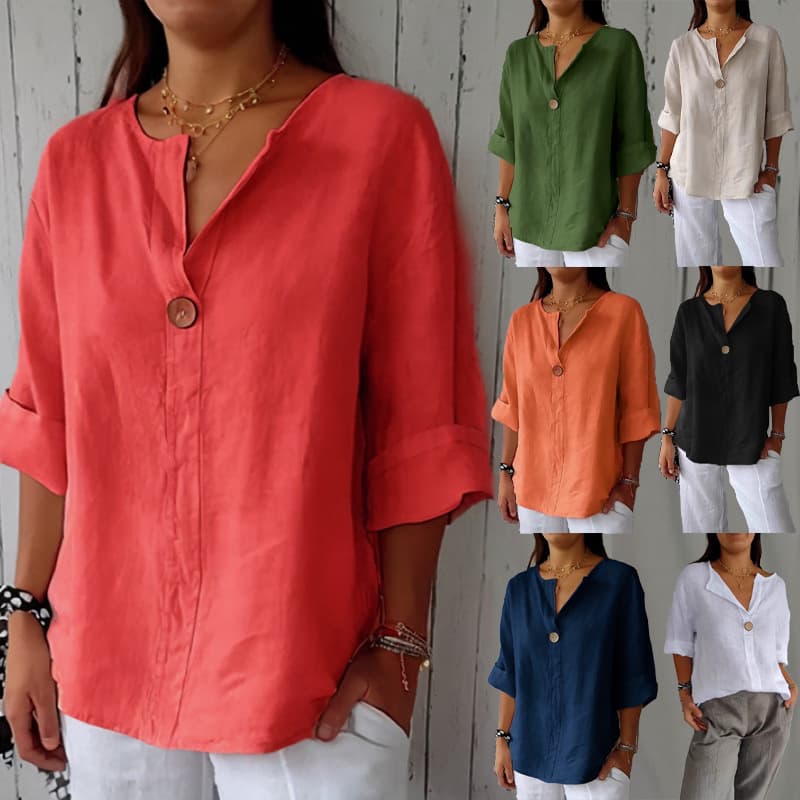 Amazon 2025 Cross-Border EU-US Summer New Loose T-Shirt Women V-Neck Cotton Linen Button Top