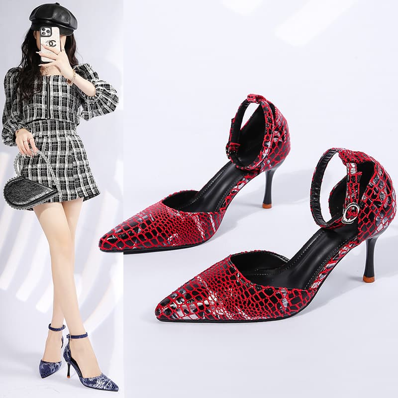 Fashionable Snake Print Pointed Toe High Heel Shoes for Women, Thin Heel Ankle Strap Style, Red Silver Fashion Shoes, Single Shoes for Banquet Stage
