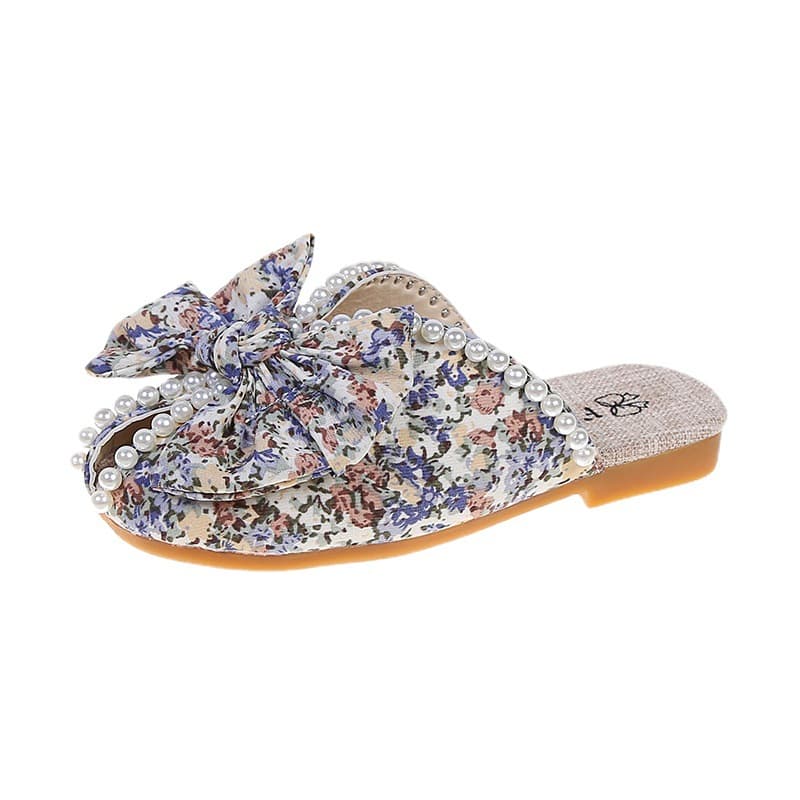 Girls Bow Sandals 2025 Summer New Pearl Soft Sole Cowhide Fish Mouth Princess Shoes Floral Pattern Closed Toe Slippers