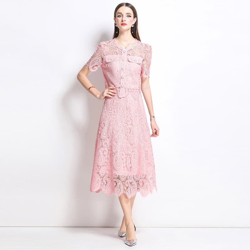 Summer Hollow Lace Embroidery Round Neck Short Sleeve Blouse High Waist A-Line Flared Skirt Two-Piece Set Dress