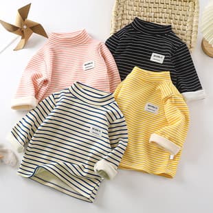 Factory Winter New Kids Warm Top Boys Girls Inner Layer Striped Top Fleece Lined Thickened Korean Style Children's Clothing