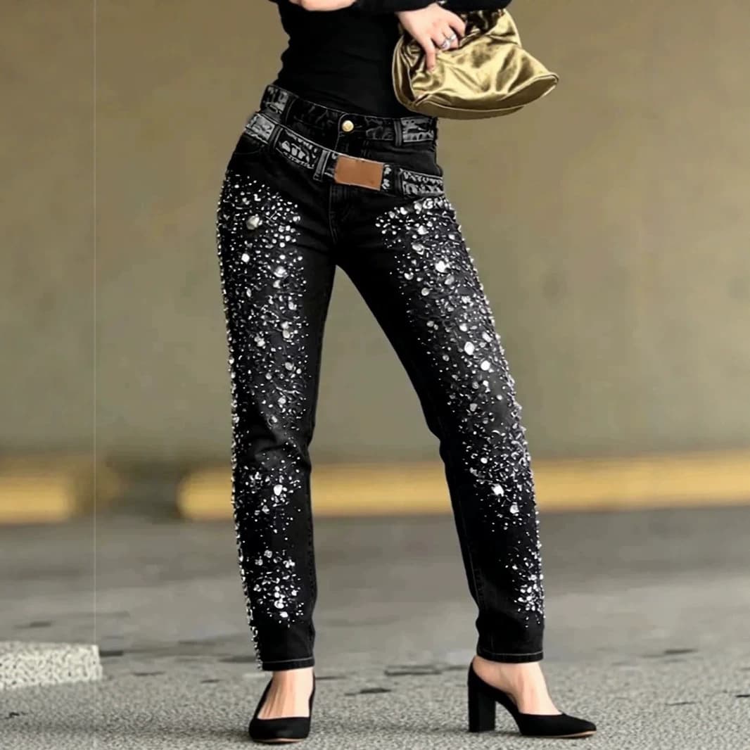 Cross-border European and American heavy industry diamond-encrusted mid-rise straight jeans for women, glittering diamond beading, slim-fitting denim trousers for women