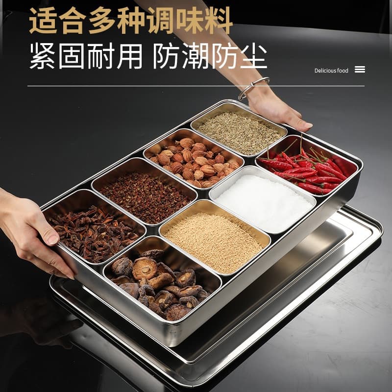 Stainless Steel Japanese Style Flavor Box Commercial Sample Box Kitchen Ice Powder Ingredient Box Square Multi-Grid Seasoning Container