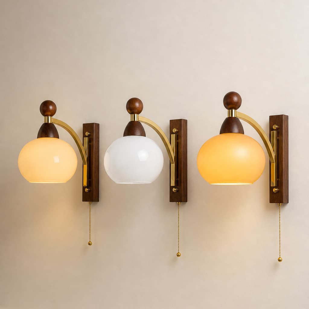 Retro glass wall lamp walnut base with pull cord switch bedroom bedside antique style decorative wall lamp