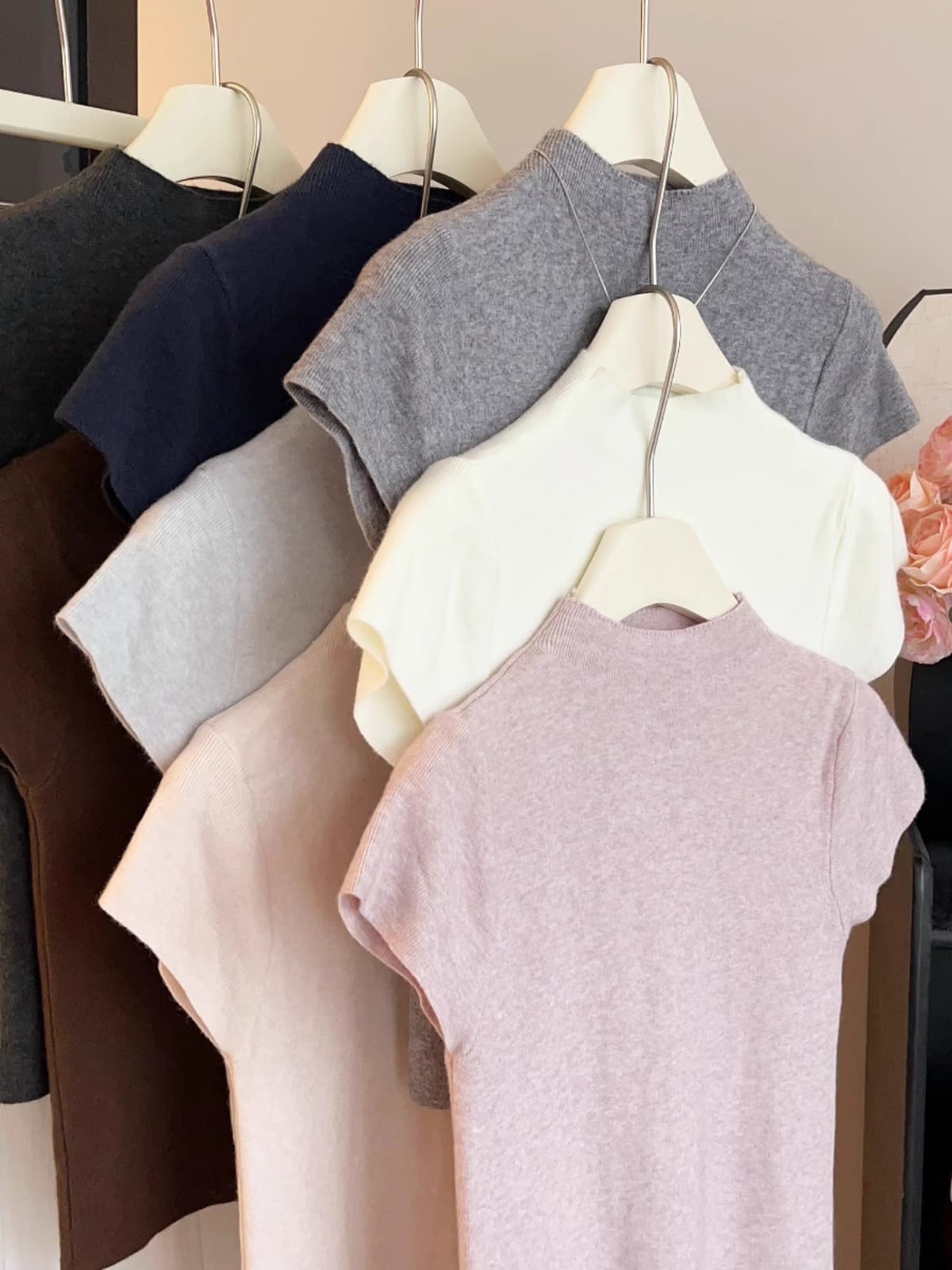 Super Pretty Floral Pink Half-Turtleneck Knit Top, Straight-Shoulder Short Sleeve Women's Spring/Summer Thin Slim-Fit Cap Sleeve T-Shirt