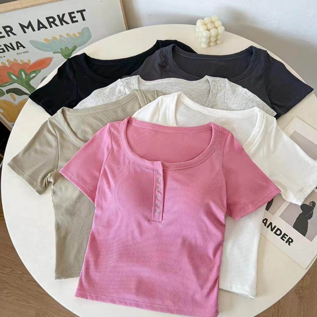 Button Design Short Sleeve Top with Built-in Pads, Backless Bra-Free Lazy T-Shirt, Slimming Outerwear and Inner Layer, Figure-Flattering Fashion