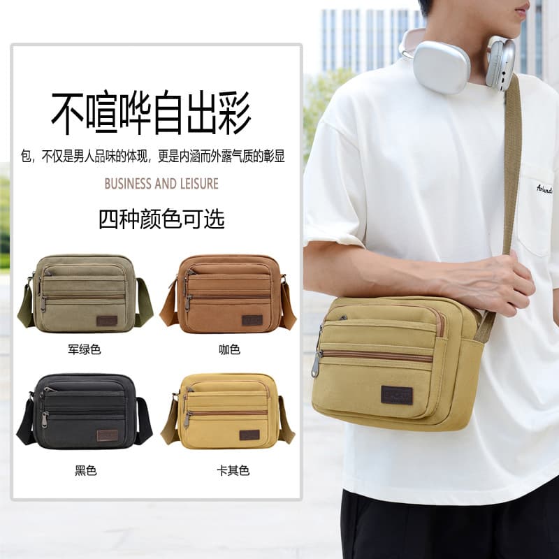 New Cross-Border Multi-Layer Canvas Men's Bag Casual Bag Simple Versatile Men's Shoulder Bag Lightweight Fashionable Crossbody Bag Trendy