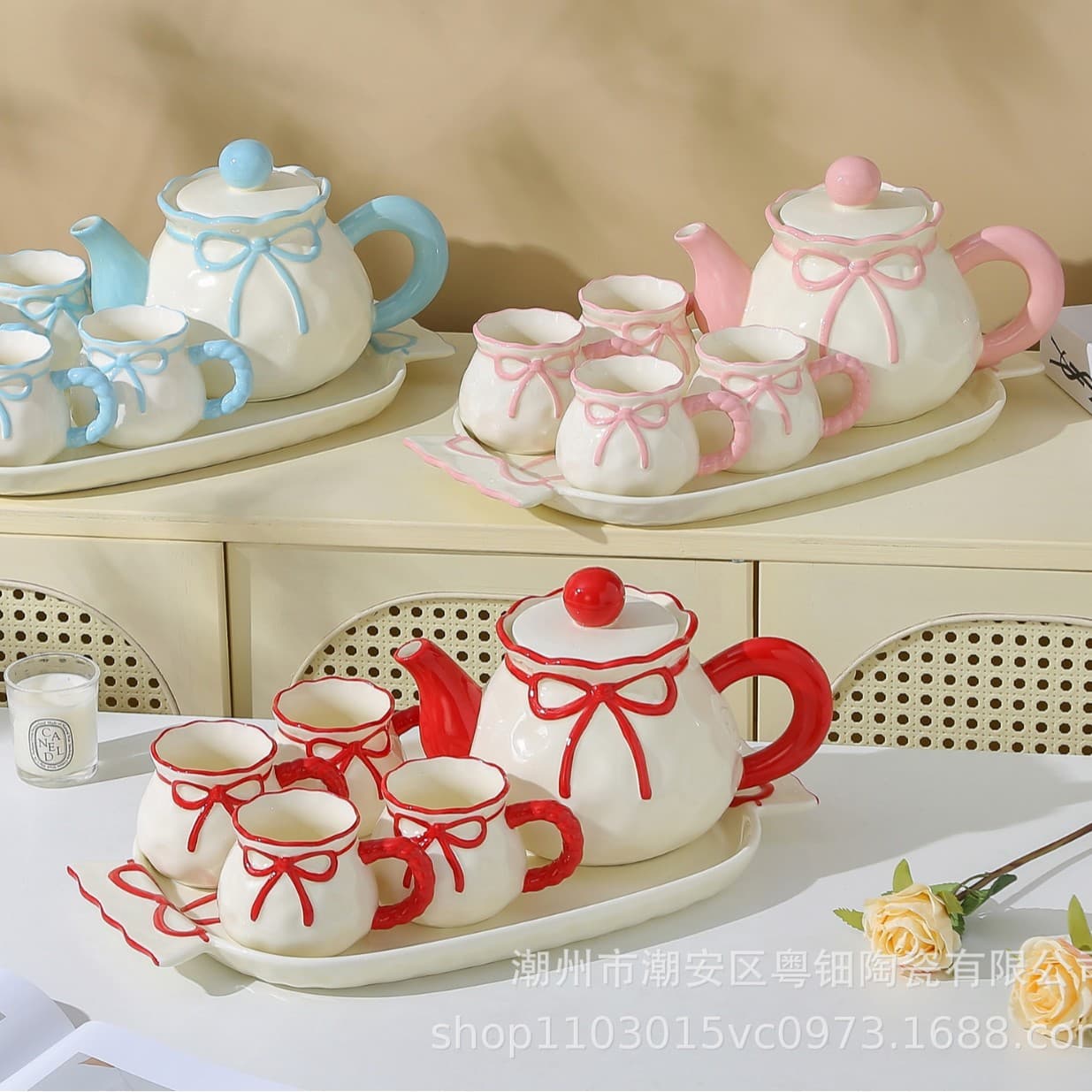 Girls' Heart Birthday Gift High Aesthetic Cute Bow Ceramic Practical Party Favor Gift Bag Drinkware Set for Women