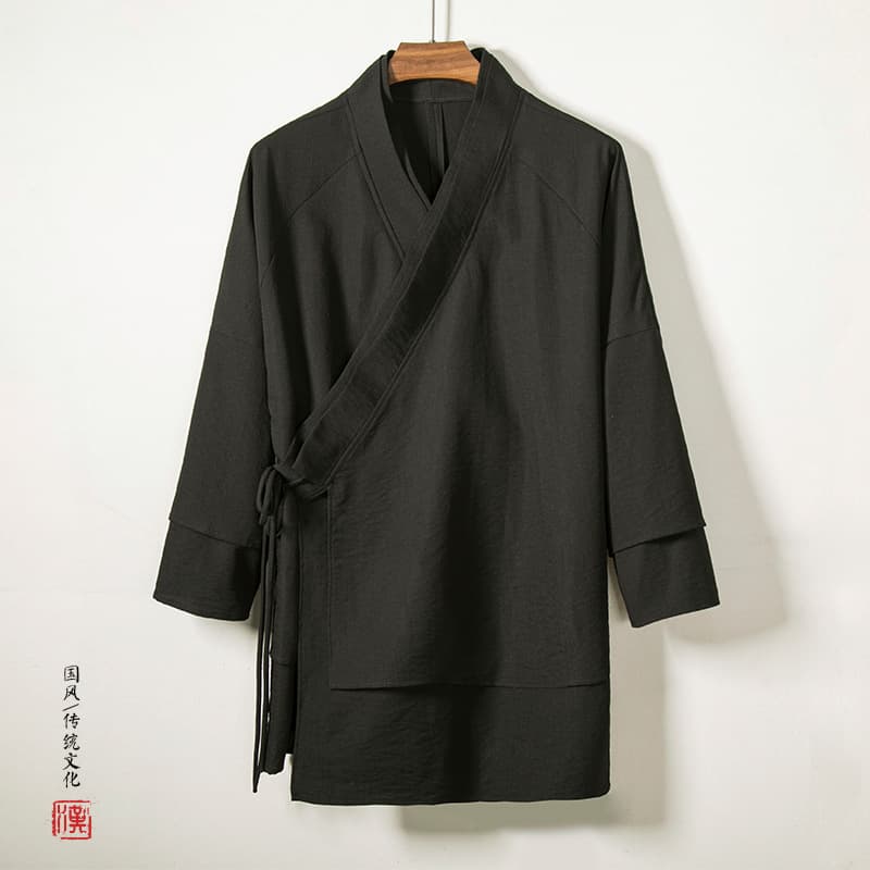2022 Autumn/Winter New Chinese Style Men's Cotton Linen Solid Color Modified Hanfu Youth Loose Taoist Robe Casual Jacket