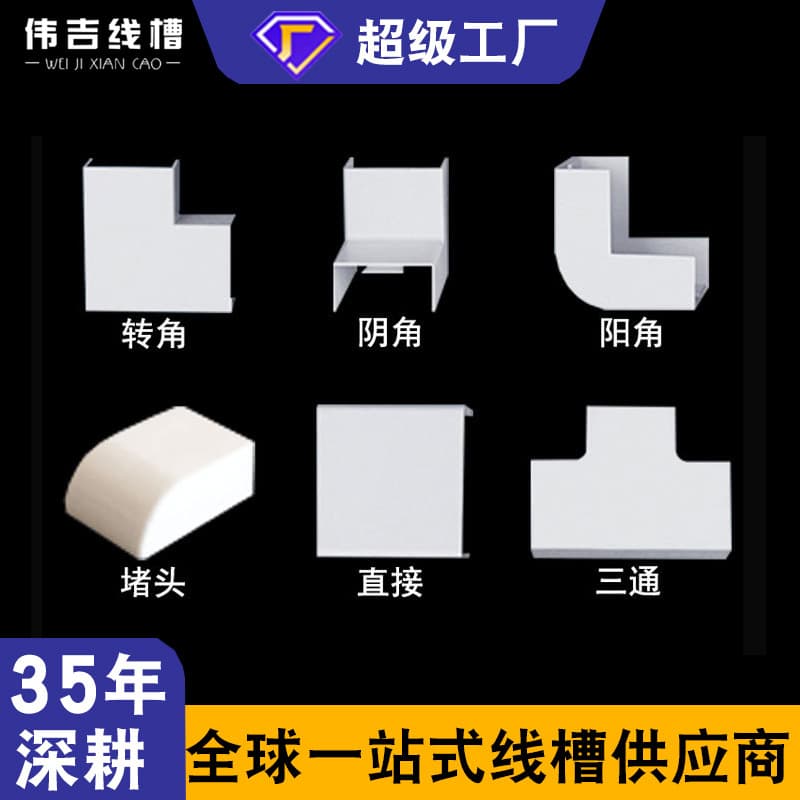 PVC wire channel accessories, surface-mounted electrical wiring channels, straight connectors, inside/outside corners, end caps, elbows, flat tees, decorative wholesale.