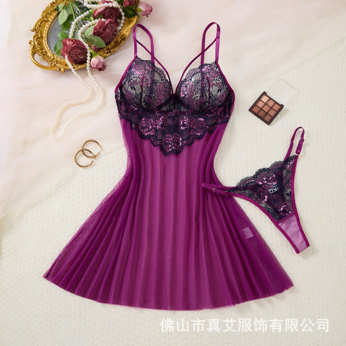 2026 New European and American Style Sexy Nightgown Pure Desire Lace Mesh Splicing Suspender Sexy Pajamas Women Summer Thin Style