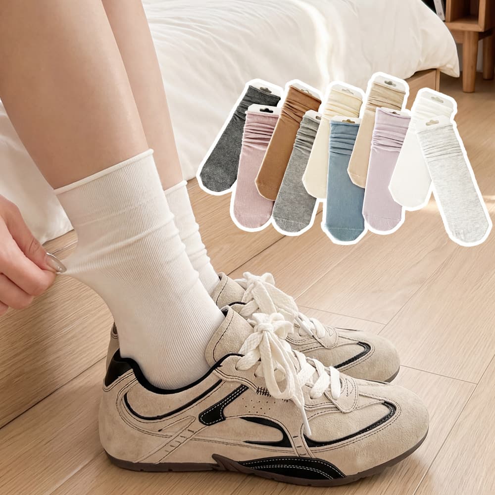 Women's Beige Seamless Rolled Edge Mid-Calf Socks, Breathable Spring Korean Style Ins Casual Long Socks