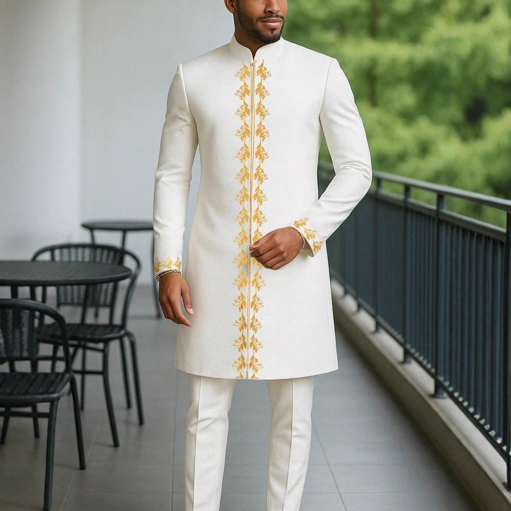 Traditional African Style Men's Wedding Suit 2-Piece Set, Round Neck Long Sleeve Jacket with Pants, Export Quality