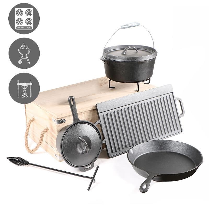 Factory wholesale cast iron saucepan 25cm camping cast iron pot Dutch oven frying pan outdoor pot set dropshipping
