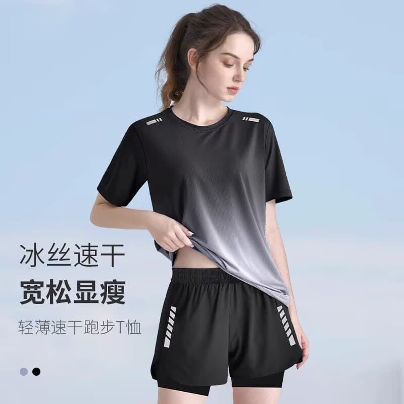 Cross-Border Fitness Women's Running Short Sleeve Morning Run Wear Cycling Gear Tight Quick-Dry Summer Ice Silk