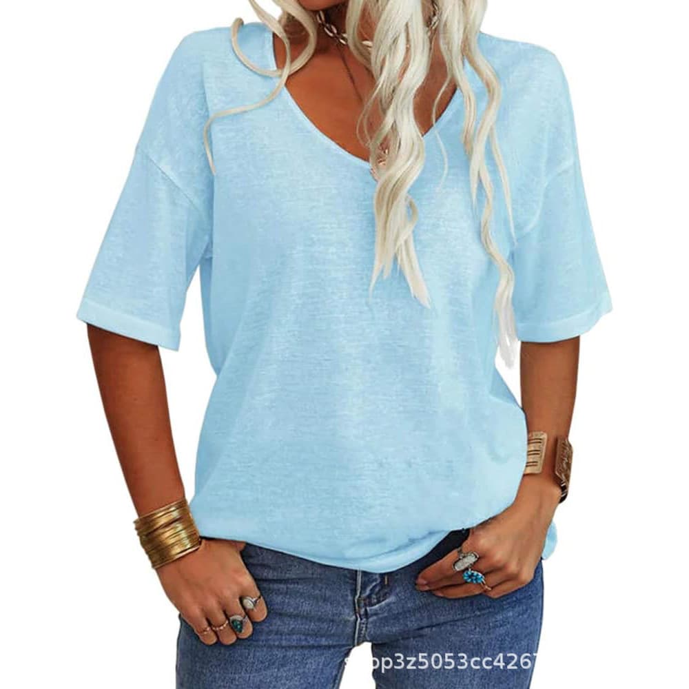 Women's T-Shirt V Neck Half Sleeve Loose Shirt Casual Solid Color Basic Top