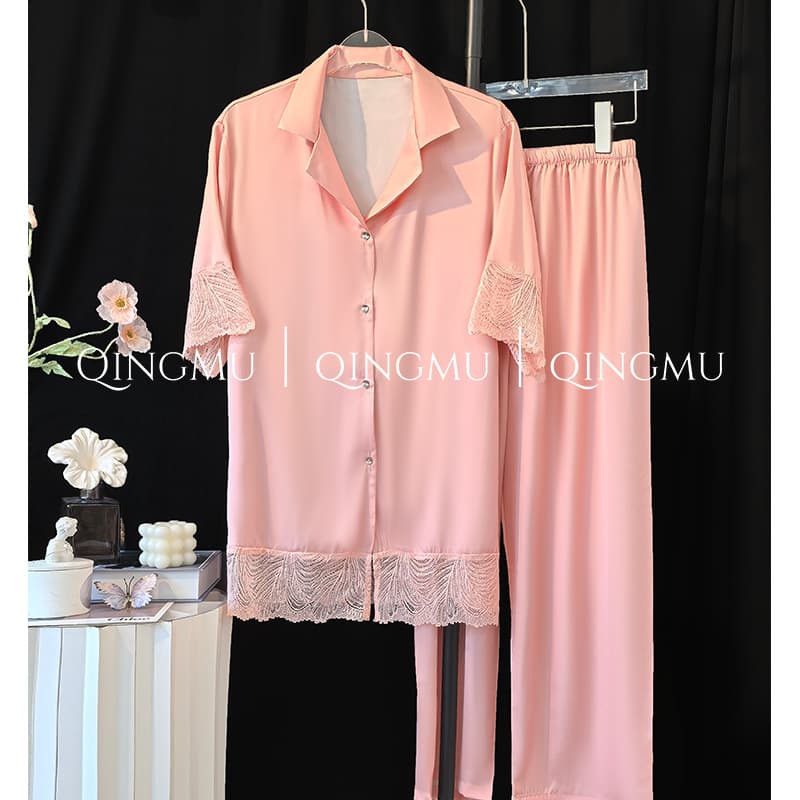 Cross-border Short Sleeve Pajama Set for Women Summer Wearable Outdoors Maternity Homewear Plus Size Thin Ice Silk Pajamas Wholesale