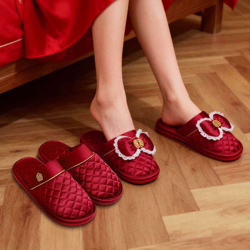 Wedding Slippers Festive Red Pair for Bride and Groom Indoor Home Newlywed Dowry Light Luxury Premium Cotton Slippers