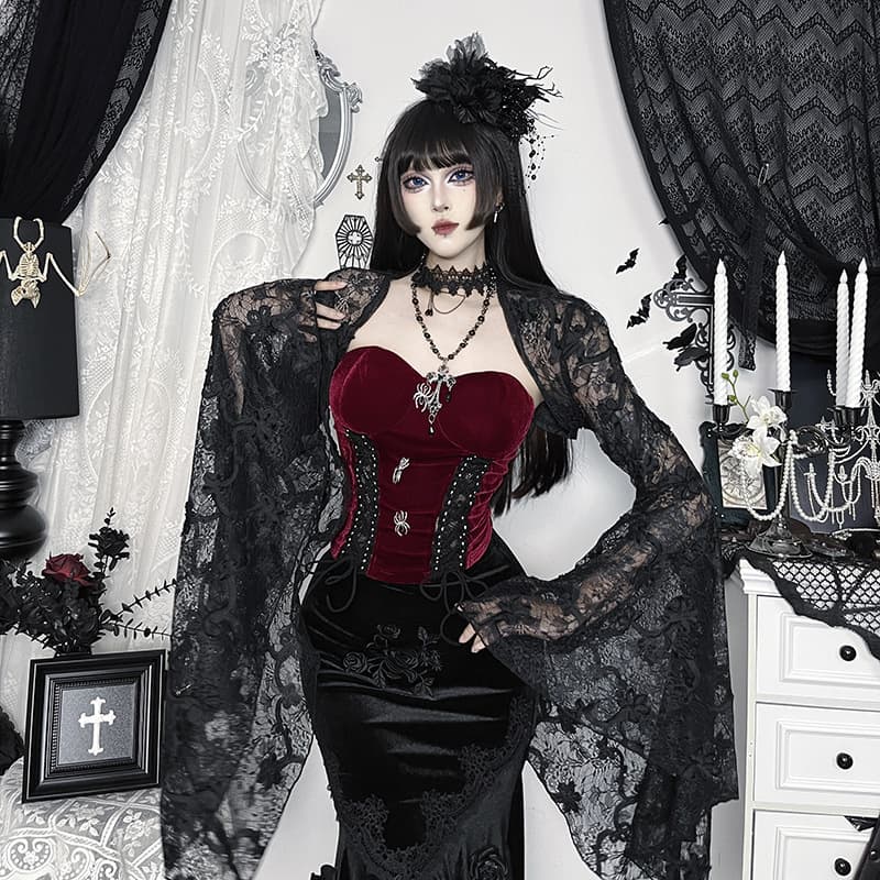 CF25274 Gothic 3D Lace Flower Overlay Top, New Halloween Black Versatile Stylish Vest