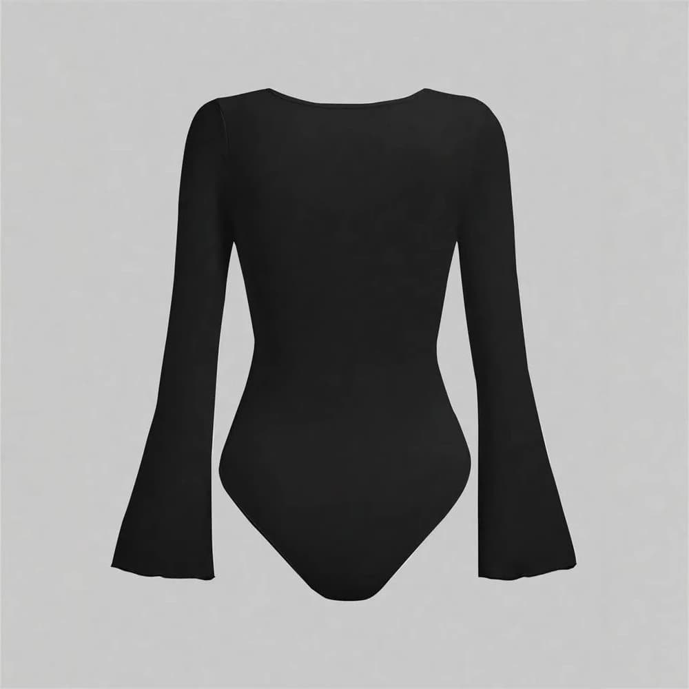 Low Cut U Neck Bell Sleeve Waist Cinched Pleated High Elasticity Sexy Fashion Onesie Trendy Women's Cross-Border Clothing