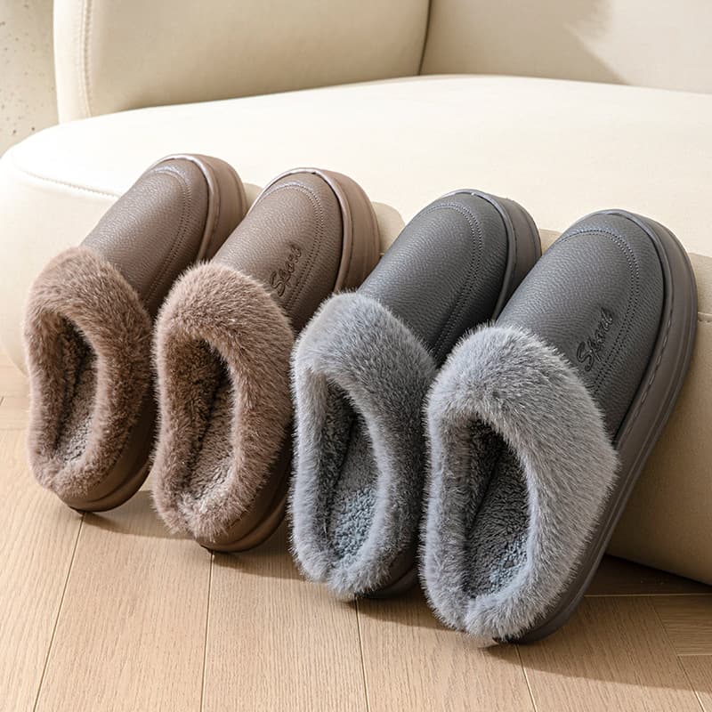 Premium PU Leather Waterproof Extra Large Men's Warm EVA Thick-Soled Winter Cotton Slippers, Non-Slip Oversized