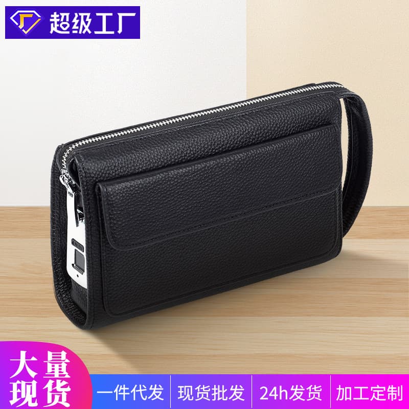 Leather Fingerprint Lock Men's Casual Handbag Fashion Street Style Portable Business Bag Anti-Theft Cowhide Handheld Bag