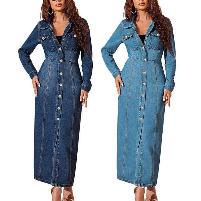 Women's Buttoned Long-Sleeved Long Coat-Style Dress, Versatile for Cross-Border European and American Markets