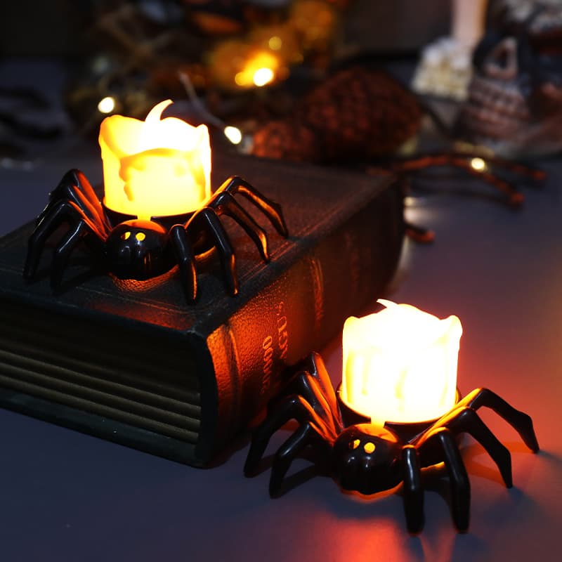 Halloween Pumpkin Lantern Atmosphere Decoration Props, LED Electronic Candle Light with Glowing Spider Night Light Ornament