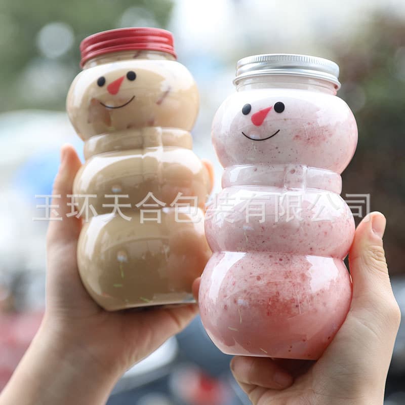 500ml Christmas Snowman Milk Tea Cold Drink Cups PET Thickened Plastic Wide-mouth Disposable Sealed Packaging Bottles