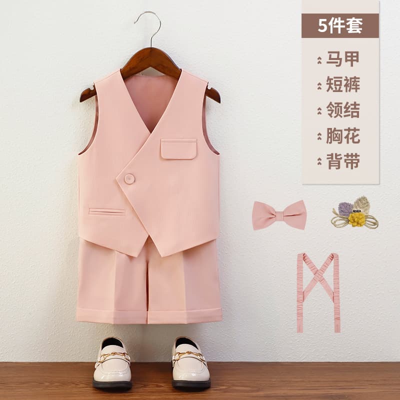 Boys' Suit Vest Set, Stylish Kids' 1st Birthday Flower Boy Formal Wear, Performance Suspenders Pants, Piano Recital Outfit