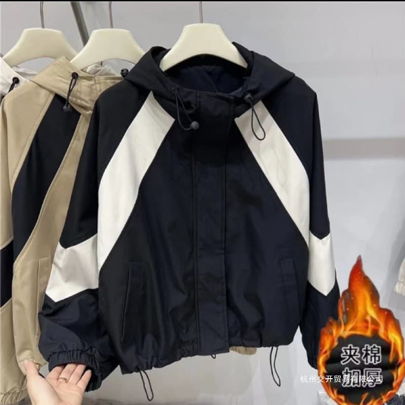 Cotton-padded thick color-block hooded windbreaker jacket for women, stylish workwear baseball jacket patchwork autumn