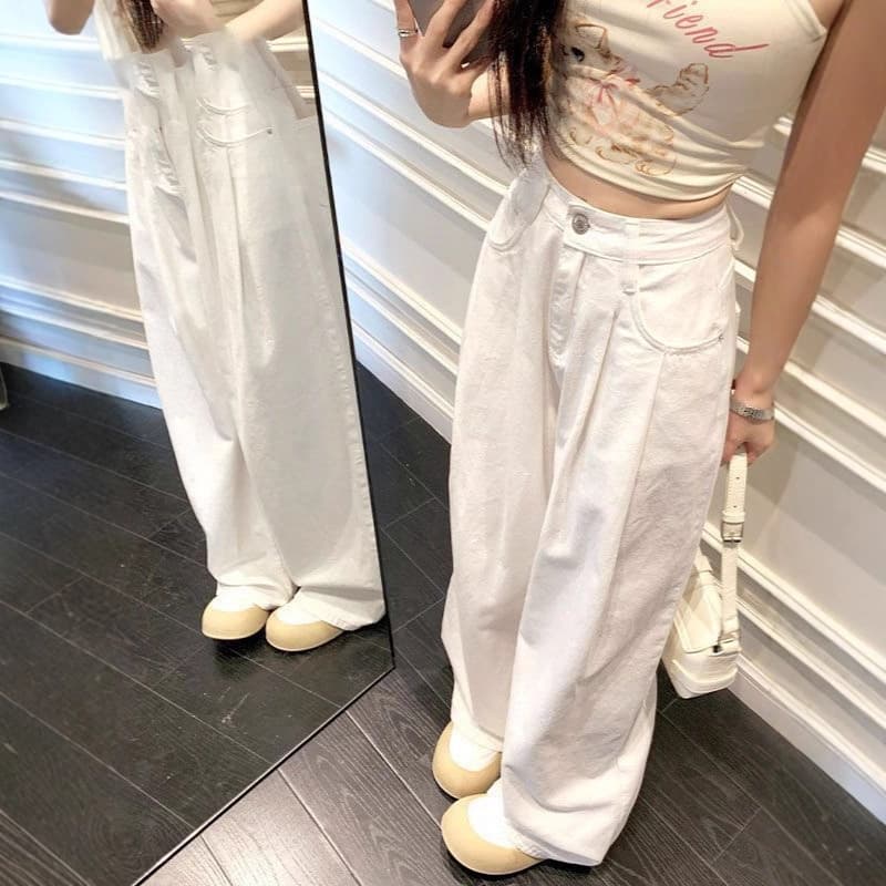 Plus Size White Pleated Straight-Leg Jeans for Women, High-Waist Wide-Leg Long Pants, Loose Fit for Petite and Pear-Shaped Figures, Floor-Length