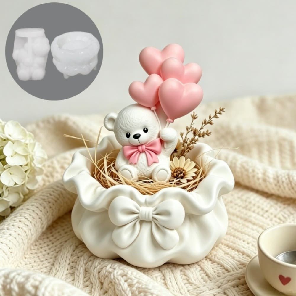 Resin Silicone Mold 2 Styles Balloon Bear Bow Pleated Flower Pot DIY Plaster Succulent Container Epoxy