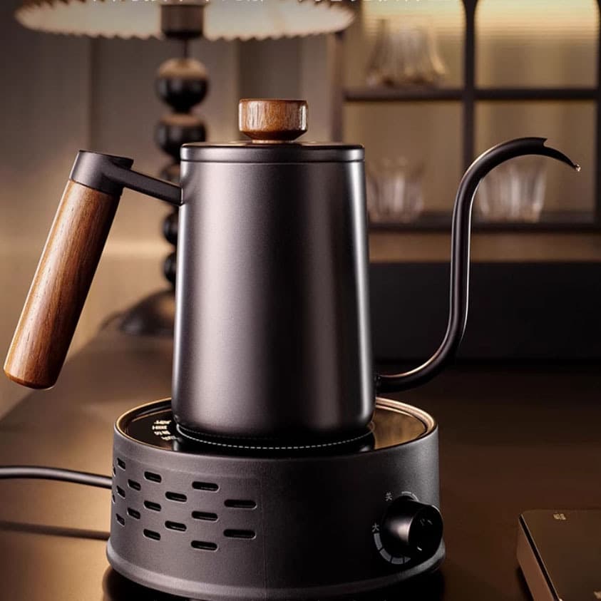 Pour-Over Coffee Kettle with Scale, Narrow Spout, Lid, and Wooden Handle, 400/600ml