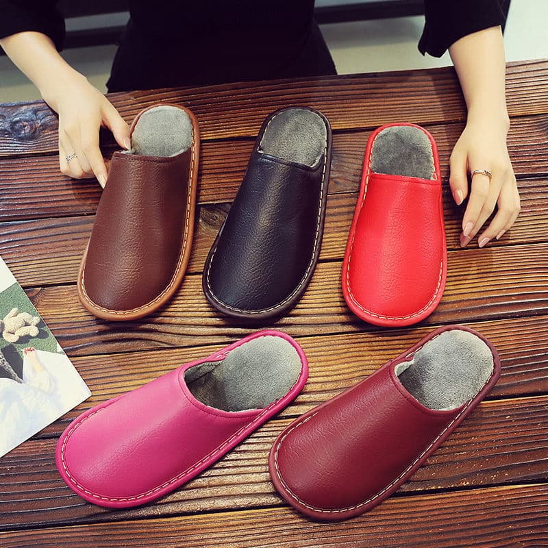 Haining Leather Slippers, Men's and Women's Winter Couple Slippers, Waterproof PU Leather, Thick Sole, Non-slip, Warm and Extra Thick.