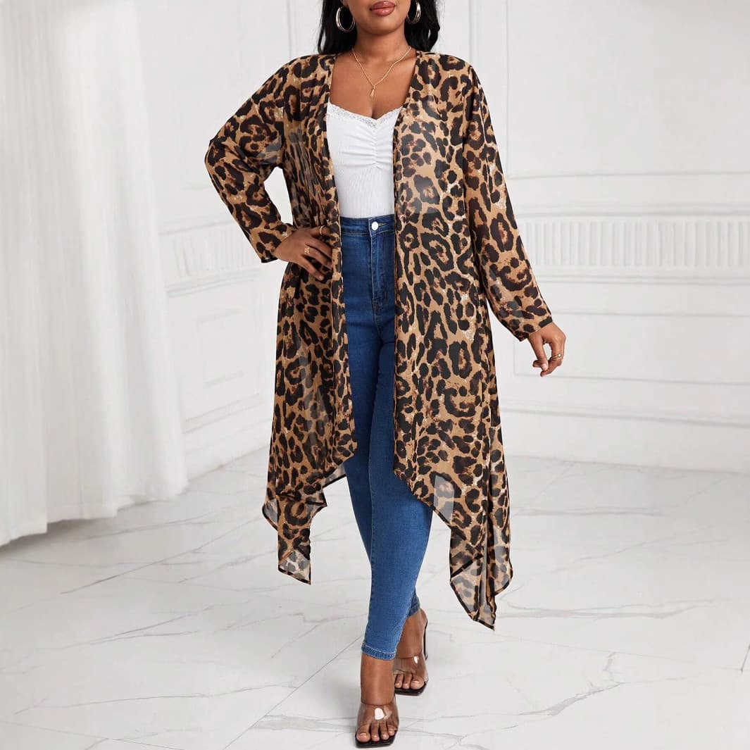 European and American Cross-Border Plus-Size Women's Spring and Summer Cardigan, Loose Casual Long Leopard Print Women's Top, European and American Style
