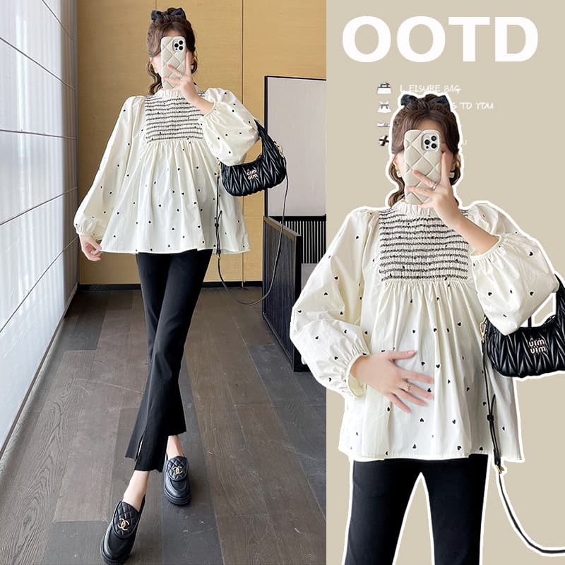 Maternity Wear Top 2025 Pregnant New Sweet Youthful Top Heart Print Shirt Niche Doll Blouse Spring